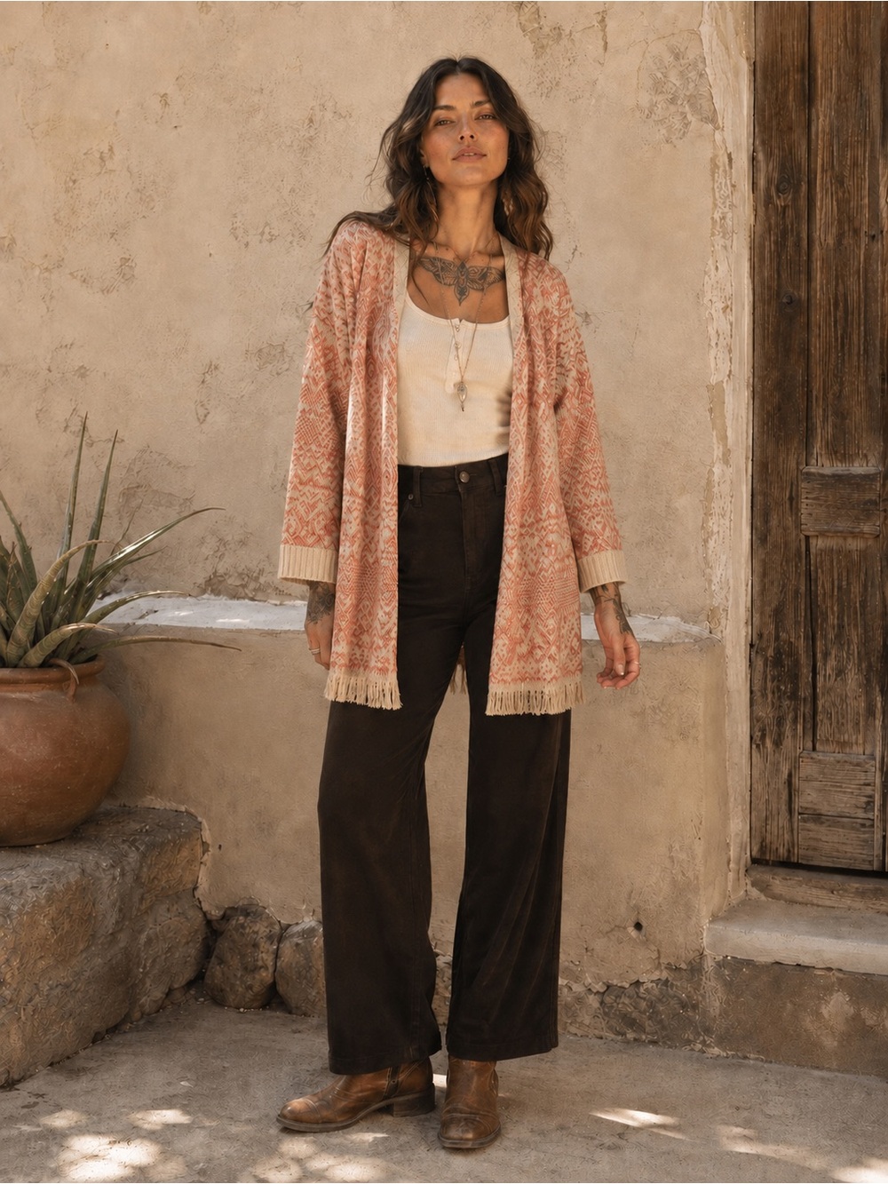 Boho Fringe Cardigan Medium Coral Cream Southwestern Knit 🧶 XOXO